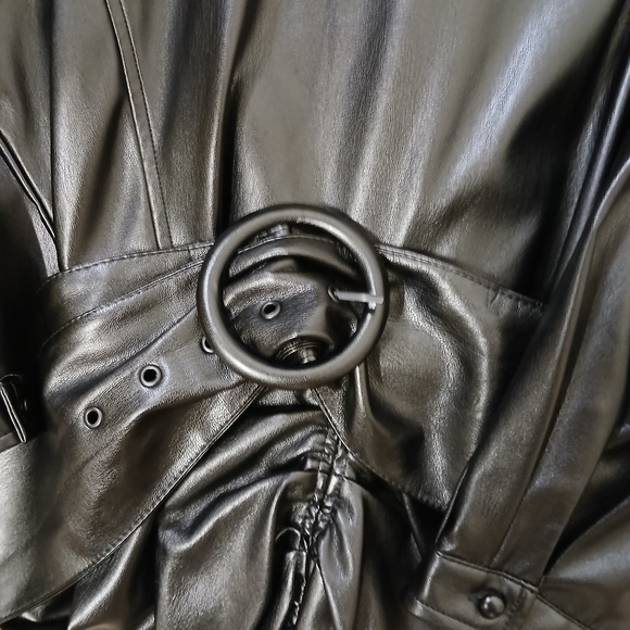 NWT ZARA BLACK RUCHED FAUX LEATHER MIDI DRESS, XS - Picture 10 of 16